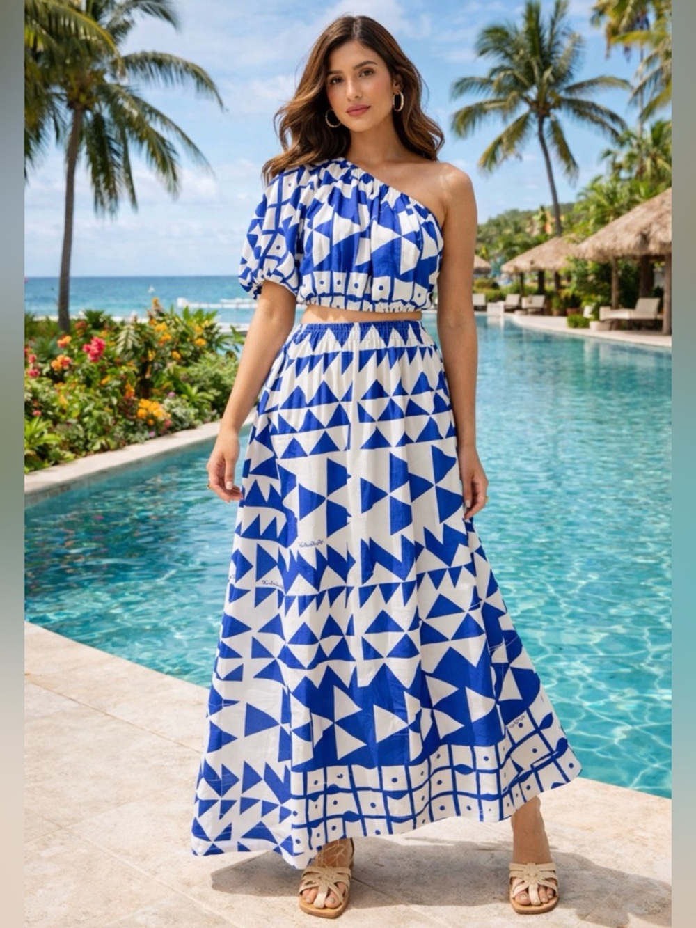 Farm Rio Pitta Blue Tiles One Shoulder Maxi Dress Cut Out Resort